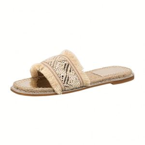 Sandales plates d'été en paille tressée pour femme, à bride unique, tendance, polyvalentes, à semelle souple et respirante, pour la marche décontractée - Product Image 1