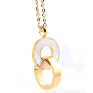 Ensemble collier et boucles d'oreilles en acier inoxydable plaqué or 18 carats avec pendentif double anneau en forme de coquille pour femme, bijoux géométriques ronds tendance - Product Image 4
