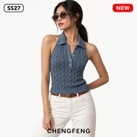 Haut polo sans manches en maille torsadée bleu poussière style preppy pour femme, avec logo personnalisé, fabricant de polos en maille