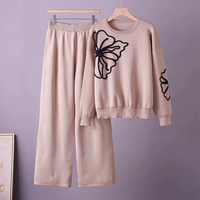 Ensemble deux pièces pour femmes, pull en tricot à col rond brodé, pantalon large, ensemble décontracté deux pièces, ensembles deux pièces pour femmes