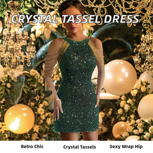Vestido de Noche Sexy de Lentejuelas con Borlas de Cristal, Diseño de Cintura Imperio, Antiestático, Largo hasta la Rodilla, Estilo Moderno - Product Image 2