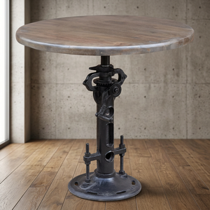 Tabouret rond en fonte métallique industrielle avec hauteur réglable, finition noire rouillée, assise en bois pour usage extérieur et intérieur - Product Image 2