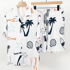 Ensemble deux pièces chemise et short imprimé hawaïen, coupe ample, 100 % polyester, avec cordon de serrage, style décontracté estival pour la plage - Product Image 4