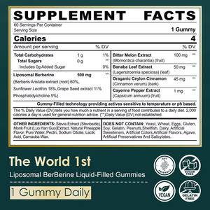 อาหารเสริมเบอร์เบอรีนแบบกำหนดเอง 500 มก. เบอร์เบอรีนแบบลิโปโซมในรูปแบบเยลลี่ ผสมอบเชยซีลอน มะระขี้นกแบบวีแกน เพื่อการเผาผลาญที่สมดุล - Product Image 2