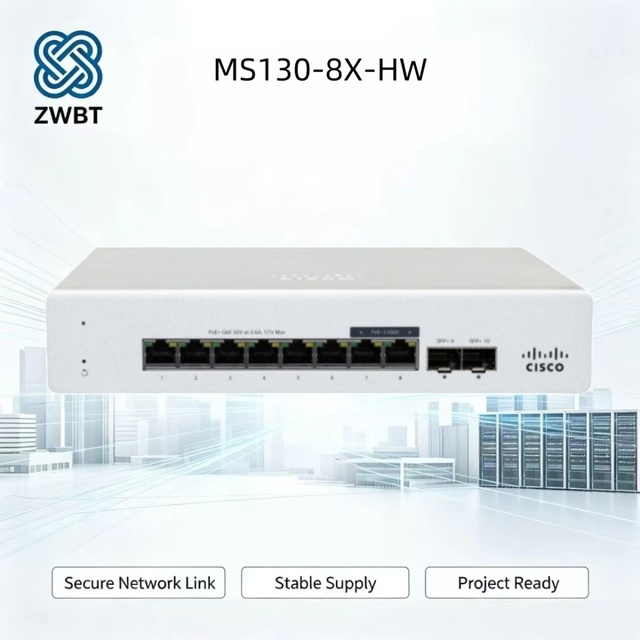 Cisco Switch Catalyst Meraki MS130-8X-HW 8 Port PoE+ MGig Switch 6x1G 2x2.5G 2x10G SFP+ Uplinks 120W PoE 62Gbps Cloud Managed L2