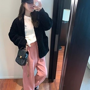 Black Plush V Neck <b>Cardigan</b> Mid Length Knitted Fleece Lined Women's Winter Wear With Pocket Solid Color Simple Style - Product Image 3