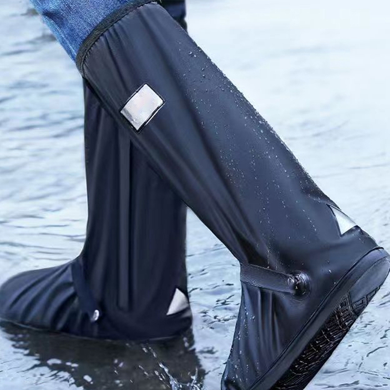 Waterproof Shoe Covers Thickened Reusable& Foldable Rain Boot Shoe Cover Non-Slip With Zipper, Reflector, Men Women Rain Gear-Black