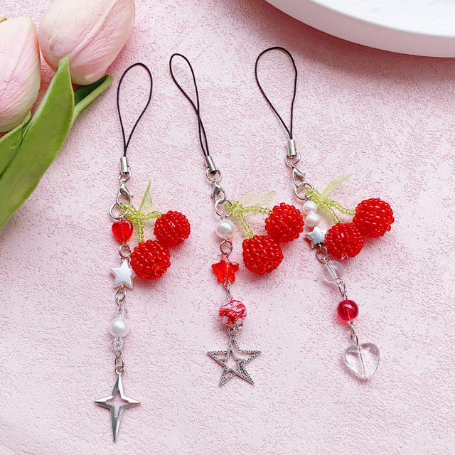 Handmade Beaded Cherry Phone Charm Y2K Aesthetic Star Heart Lanyard Strap Sweet Fruit Bag Pendant Pearl Phone Accessory