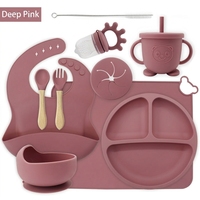 Ensemble complet de 10 pièces de vaisselle en silicone pour bébé avec bavoir, assiette, bol, cuillère, fourchette, tasse – Solution tout-en-un pour les repas des enfants