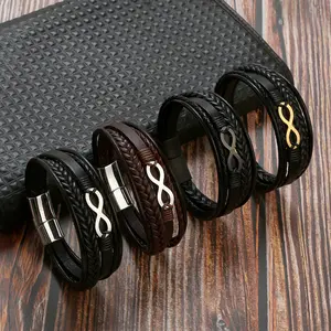 SL22381 New Width Wrap Layered Cowhide Genuine Leather Stainless Steel Infinity Symbol 8 Bracelet For Men