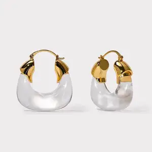 Retro Geometric U Shaped Transparent Hoops 18k Gold Plated Stainless Steel Jewelry Statement Chunky Acrylic Hoop Earrings
