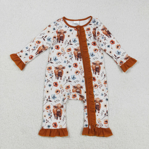 Conjunto coordinado infantil de moda con temática de granja y estampado de vaca de las Tierras Altas y flores silvestres, pelele de manga corta con cremallera y volantes para niñas - Product Image 3