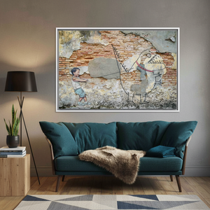 Boy and Dinosaur Graffiti Printed <b>Canvas</b>: Modern Graphic Art Print,WHITE <b>FRAMED</b> <b>CANVAS</b> - Product Image 3