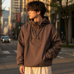 XINHUI Dark Brown Plaid Half-Zip Hooded Lightweight Anorak Custom OEM ODM Mens Womens Casual Outerwear MOQ 50 Pcs - Product Image 5