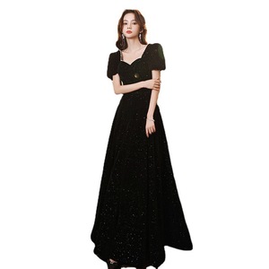 Black Velvet Evening Gown Square Collar A-Line Glitter Dress For Banquet Or Art Exam - Product Image 5