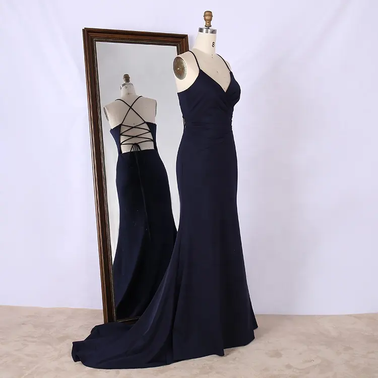 Navy blue satin mermaid fitted sleeveless lace up back elegant luxury prom evening dresses xxl