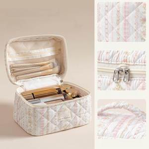 Large Quilted Makeup <b>Bag</b> Cute Cotton Travel Cosmetic <b>Bag</b> with HandlePortable Floral Make up <b>Bags</b> - Product Image 4