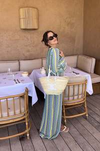 Elegante Abito da Spiaggia con Scollo a V, Spacco, Maniche Lunghe, Pizzo Traforato, Stampa Floreale, Stile <span class=keywords><strong>Boho</strong></span> <span class=keywords><strong>Chic</strong></span>, <span class=keywords><strong>Vestito</strong></span> Lungo per Donne, Ideale per Feste e Vacanze - Product Image 5