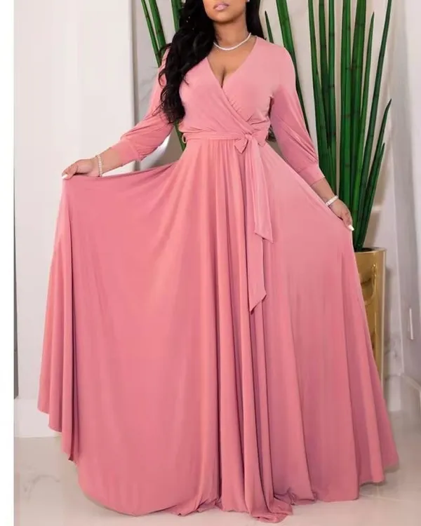 2022 spring women's clothing long sleeve office ladies lace solid color large size flare A-line chiffon long maxi dress