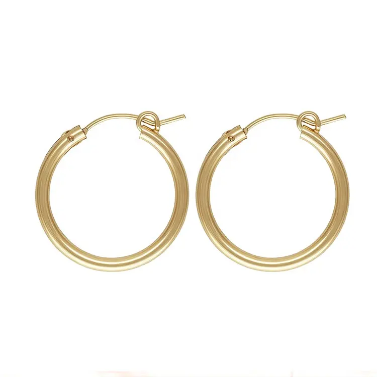 Boucles d'oreilles style européen 14k en or véritable, créoles remplis, simple, boucles d'oreilles