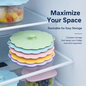 Ensemble de couvercles alimentaires réutilisables en silicone, 5 tailles, design floral, couvercle hermétique pour bol, pot, assiette, empilable, sans BPA - Product Image 4