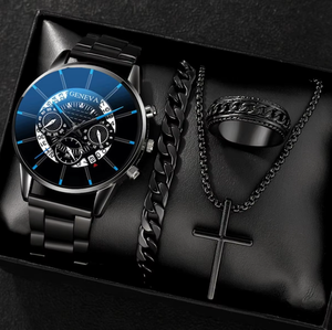 Wholesale Fashion Men's Stainless Steel Bracelet Pendant Necklace Ring Quartz <strong>Watch</strong> <strong>Set</strong> <strong>Geneva</strong> Business Calendar 40mm Glass - Product Image 1