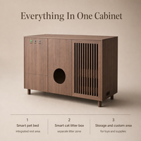 Meuble intelligent pour animaux de compagnie couleur noyer, maison en bois pour chat avec lit, bac à litière et rangement, contrôle via application OTA