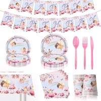 Vaisselle jetable personnalisée sur le thème des fées aux fleurs roses pour fête d'anniversaire d'enfants, gobelets en papier, couteaux et fourchettes pour la décoration d'anniversaire
