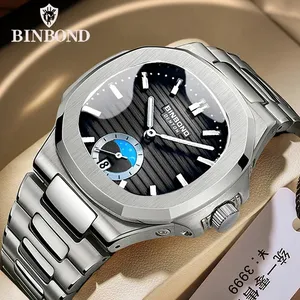 BINBONG B1786 Men Watch Business Calendar Clock Luxury Brand Quartz Men Watch Stainless Waterproof Phase of The Moon Dial Wrist