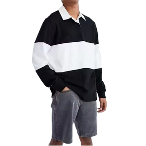 เสื้อโปโลแขนยาวสำหรับผู้ชายรักบี้คุณภาพสูงพิมพ์โลโก้ตามสั่งปักหน้าอกลายทางสีตัดกัน - Product Image 3