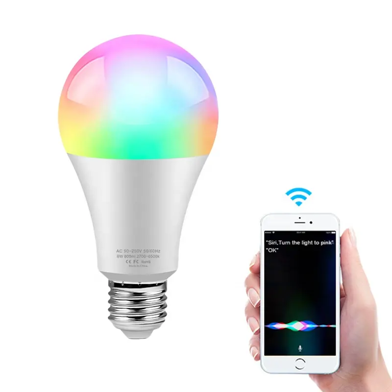 Venta al por mayor LED Smart Light Bulb App WiFi controla RGB bombilla de luz hogar 9W luz que cambia de color E27 Lámpara en forma de A