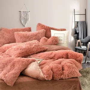 China Manufacture Red Solid Color Bed Sheet Set Fleece Faux Fur Velvet Fluffy Duvet Cover Pillowcases Bedding Set For Winter