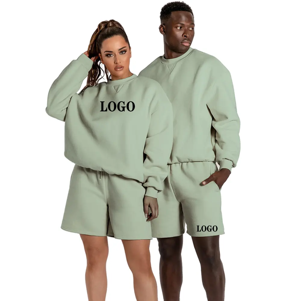 women shorts and jogger set custom printed LOGO unisex crew neck solid color sportswear sweatshirt suit gym wear Training Wear