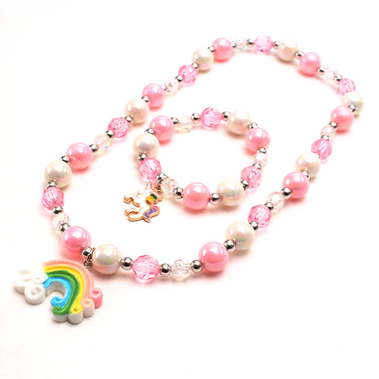 Little Girls Rainbow Unicorn Pendant Necklace Bracelets Pink Plastic Beaded  Charm Bracelet Jewelry Set Party Gifts Kids