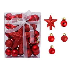 Set dekorasi pohon 3Cm/30 buah, bola atas bintang kotak hadiah perlengkapan Natal bola ornamen