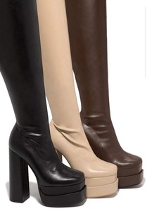 Bottes d'hiver tendance pour femmes, confortables, noires, au-dessus du genou, en cuir verni PU, talons hauts, fermeture éclair, plateforme, taille 43 - Product Image 6