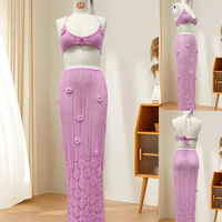 Ensemble 2 pièces tendance pour femme : débardeur tricoté sans manches à col halter avec motifs floraux 3D et jupe longue, idéal pour l'été et la plage