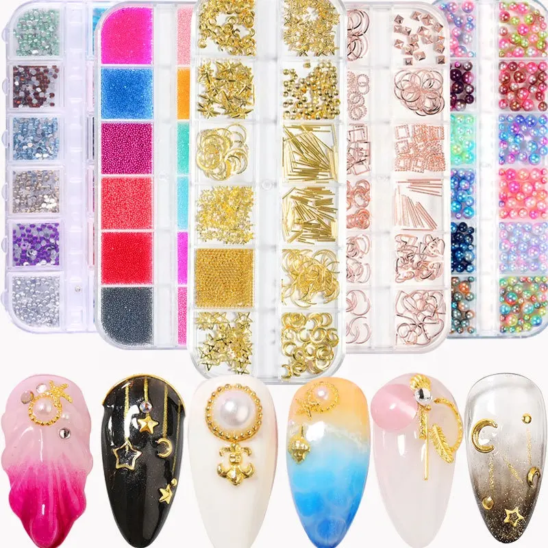 Bintang Bulan Berongga Emas dan Perak Nail Art Logam Shell 3D Dekorasi Kuku Studs Rhinestones Desain Kuku Pesona