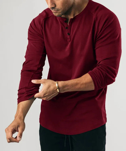 Vintage Wine <b>Red</b> Henley <b>Shirt</b> Long Sleeve <b>T</b>-<b>Shirt</b> Solid Color Sports Fitness Base <b>Shirt</b> Pure Cotton Elastic Thin V-Neck Tee - Product Image 1