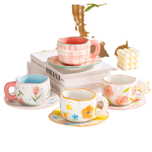 Wholesale Cute Heart-Hand Pinching Design Striped Ceramic Porcelain <b>Mug</b> <b>Set</b> 280ml Saucers Home Use Business Gifts Afternoon Tea - Product Image 1