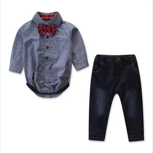 ZHG152 2 pz/set appena nato del bambino vestiti del ragazzo grigio signore pagliaccetti con l'arco + dei jeans del bambino dei ragazzi dei vestiti set
