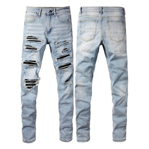 Vaqueros AM de Calle con Letras Bordadas en Cuero de Marca de Moda, Jeans Elásticos Ajustados para Hombre, Pantalones Vintage Lavados Estilo Hip Hop - Product Image 4