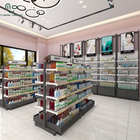 Comptoir de présentation cosmétique en bois multicouche avec éclairage LED, design de mobilier de vitrine de magasin de maquillage écologique