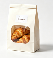 Sachet alimentaire imprimé à fond carré avec fermeture à huit côtés, fenêtre transparente et lien métallique, en papier kraft, pour pain de mie, croissants et pain