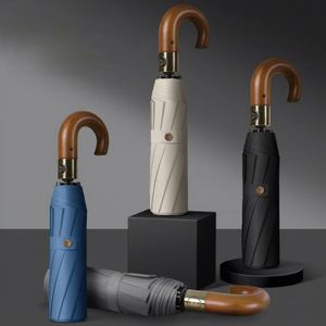 Parapluie de voyage pliable promotionnel personnalisé avec logo, imprimé, portable, 3 sections, protection solaire automatique, poignée en bois en J - Product Image 3