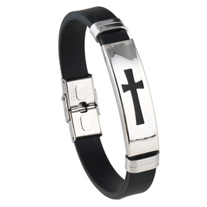 Fashion Trendy Casual <b>Men's</b> Religious Jewelry Gift Stainless Steel No Fade Cross Black Silicone Strap <b>Bangle</b> - Product Image 6