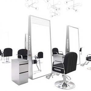 KISEN Stainless Steel Salon Cabinet Dressing <b>Table</b> And Storage Shelves Two-Way <b>Mirrors</b> With Led Light For Barber Shop Use - Product Image 1
