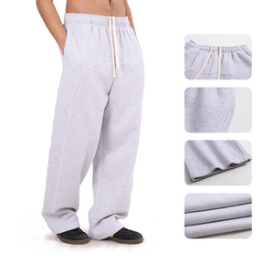 Men's 350GSM Fleece Wide Leg Pants 3-needle 5-thread Cover Stitch Design Casual <b>Drawstring</b> Contrast Color <b>Trousers</b> - Product Image 2