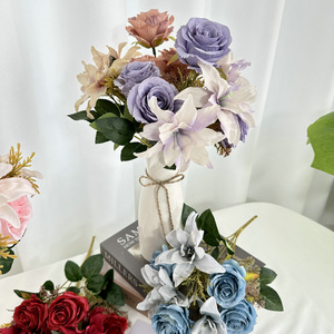 Rose de Bengale à 7 branches en soie champagne, fleurs artificielles en tissu brossé pour décoration de mariage et de maison - Product Image 3