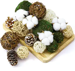 Handmade Natural Green Moss Decorative Balls Pinecone Cotton Balls Set For Centerpiece Bowls Rattan Wicker Balls